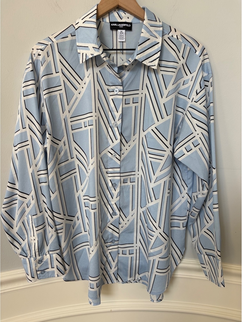 NWOT Karl Lagerfeld Paris Blue Geometric Print Long-Sleeve Blouse - Size M